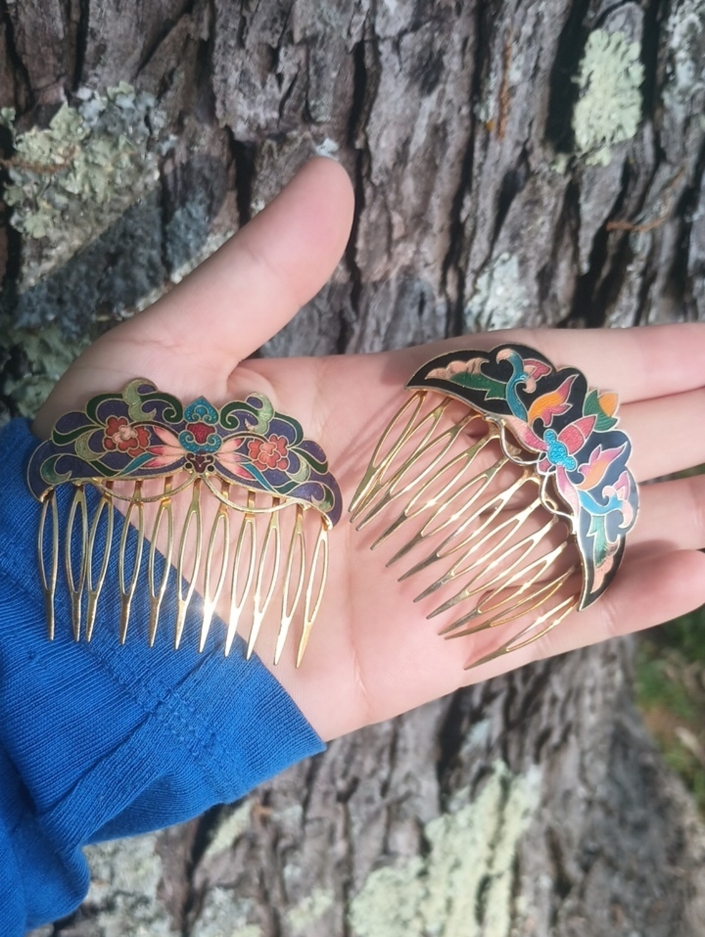 (2) Vintage Cloisonné Butterfly Hair Combs